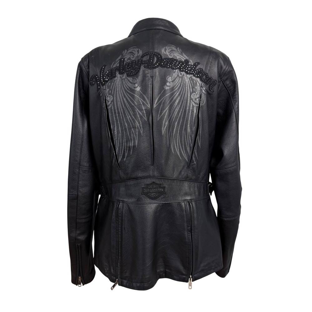 Harley-Davidson Womens Black Leather Studded Wing‎ Motorcycle Jacket Black L